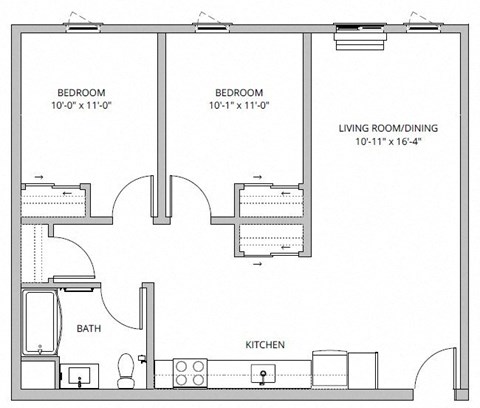 Floor plan for 2 beds, 1 bath, 905 sqft